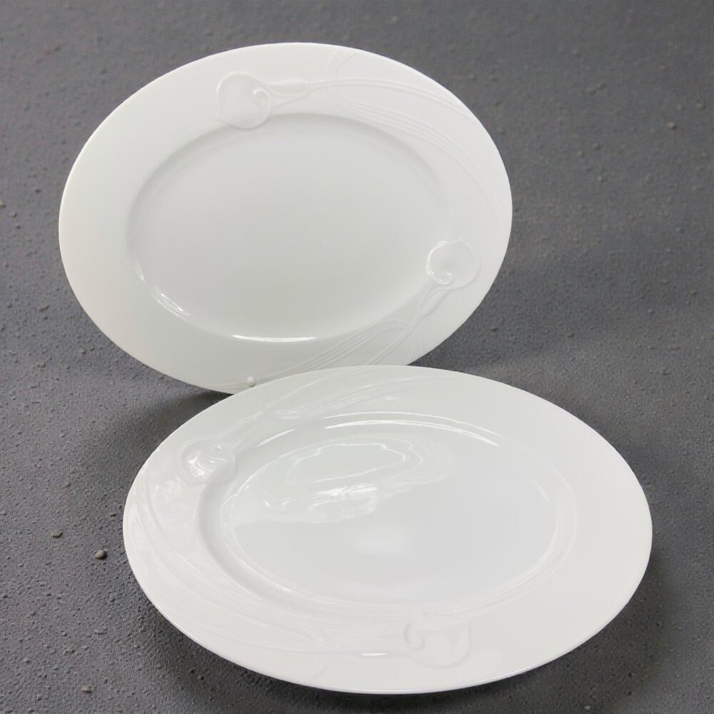 Gustavsberg Classic Flair White Porcelain Oval Dishes Plates Embossed Set 2
